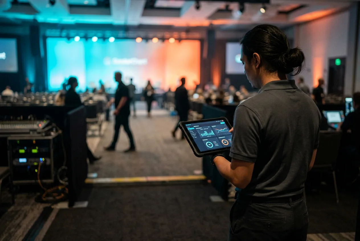 Operação de check-in para eventos — técnico Do IT Happen a acompanhar as presenças em tempo útil durante um evento corporativo