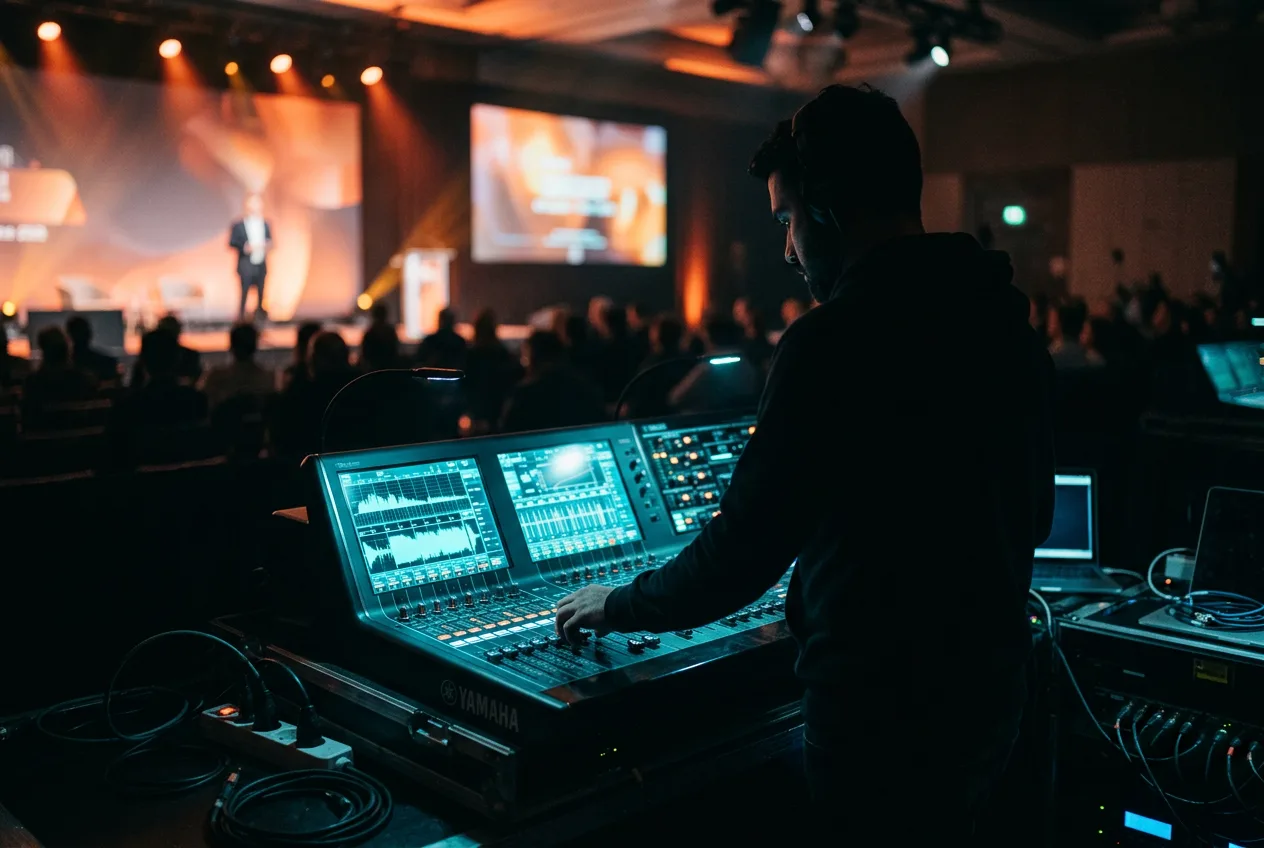 Técnico da DO IT HAPPEN em operação na régie de som durante um evento com tradução simultânea AI