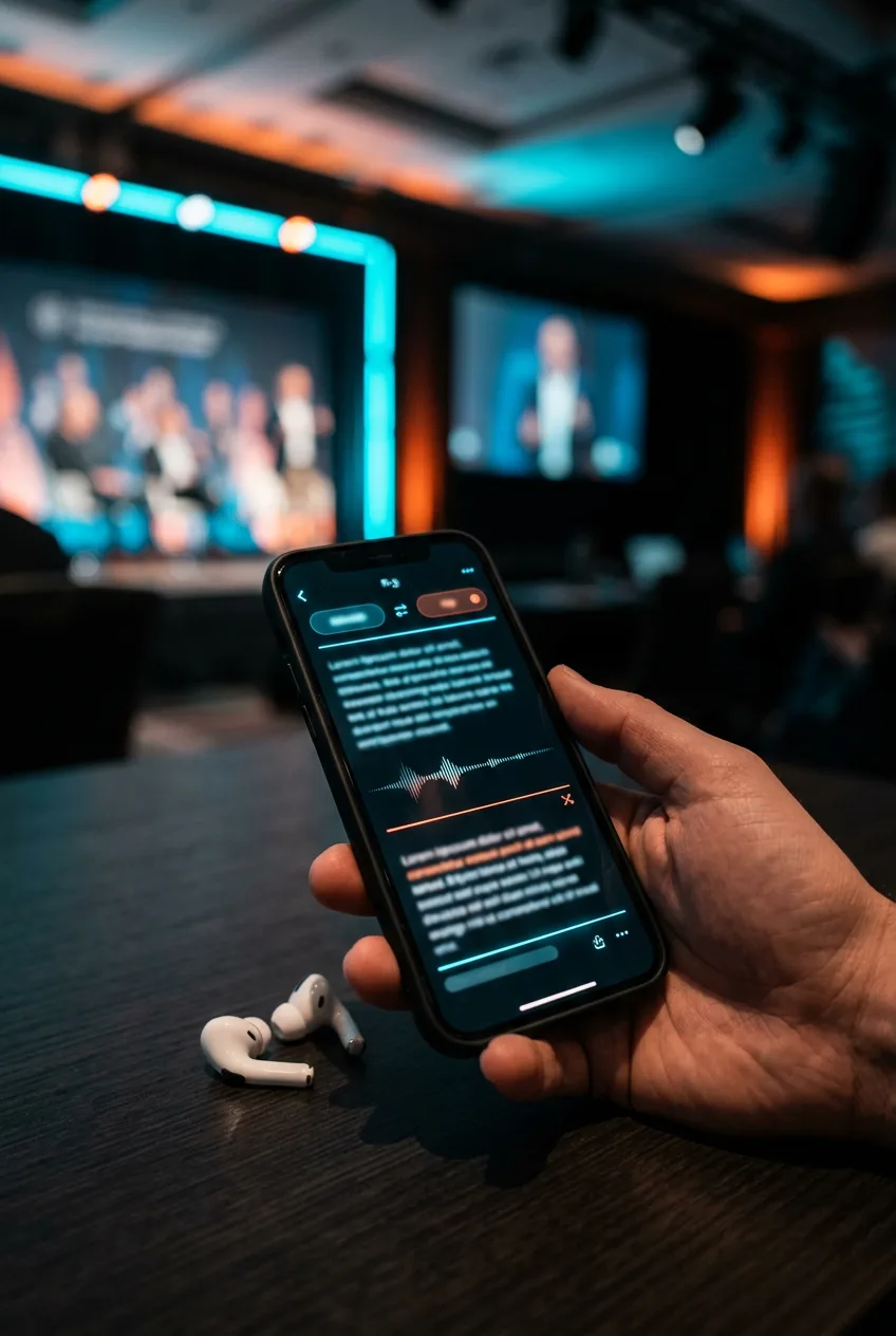 Participante a acompanhar legendas e tradução assistida por AI no telemóvel durante uma conferência